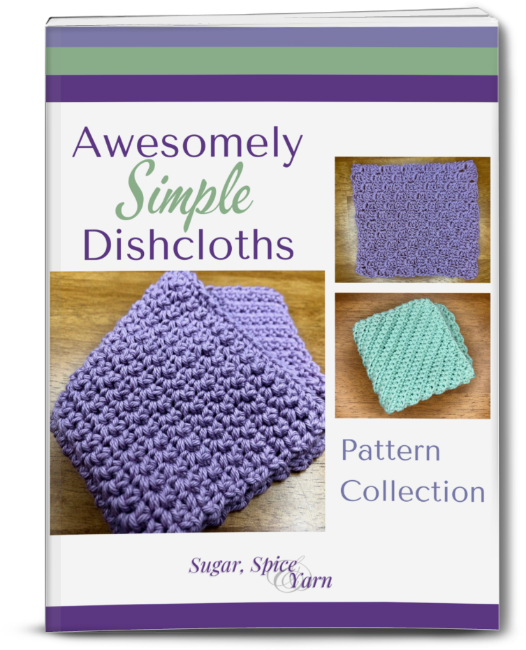 cover of pdf booklet for Awesomely Simple Dishcloths with pictures of two purple dishcloths and one green dishcloth