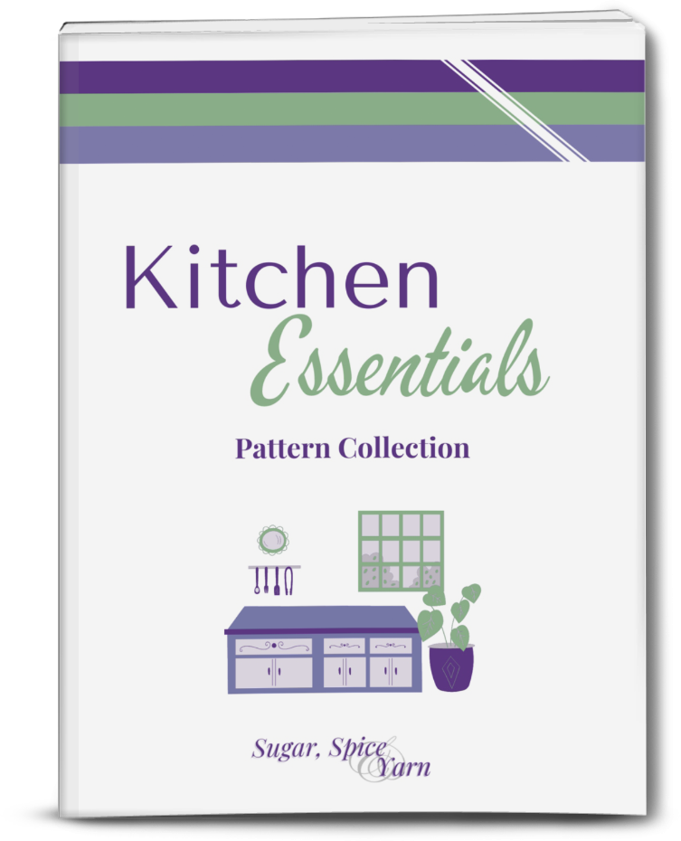 book cover for kitchen essentials pattern collection with picture of purple, gray and green kitchen scene