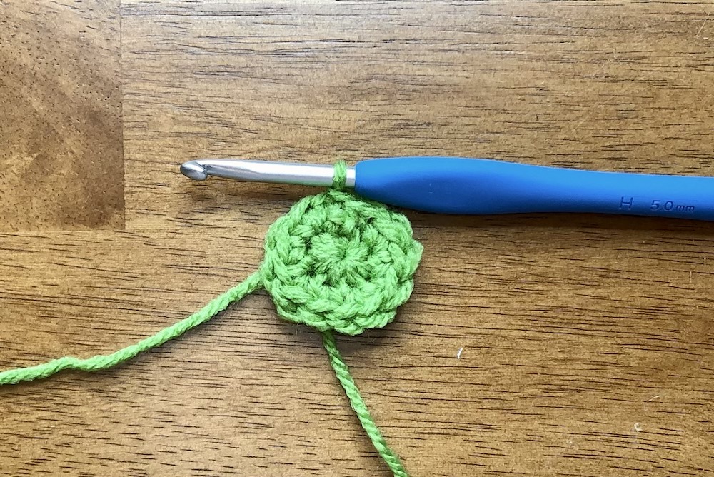 small green crocheted circle with increasing stitches around.