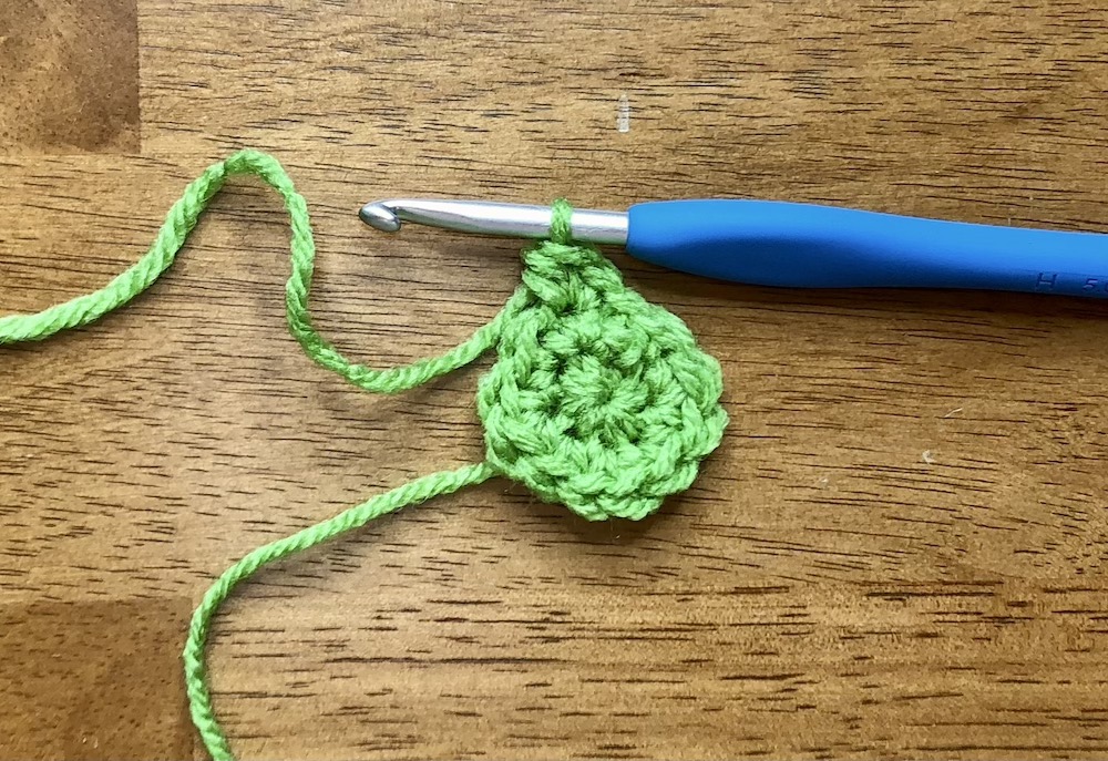 small green crocheted circle starting the 3rd round