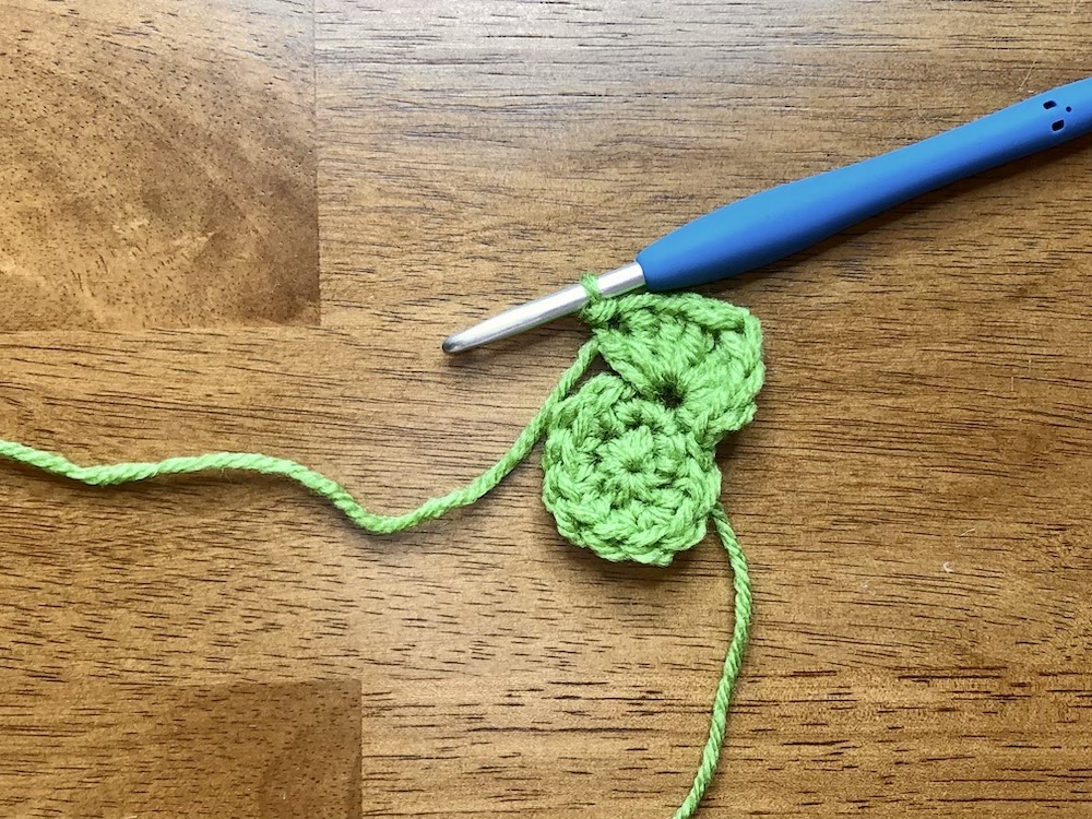 small green crocheted circle starting the 3rd round