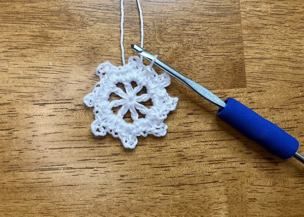 white crochet circle showing completed second round with 32 single crochet stitches and 8 chain 3 spaces