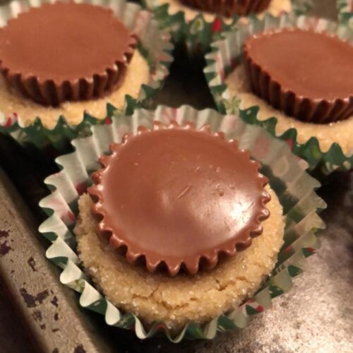 peanut butter cookies with a mini peanut butter cup in the center