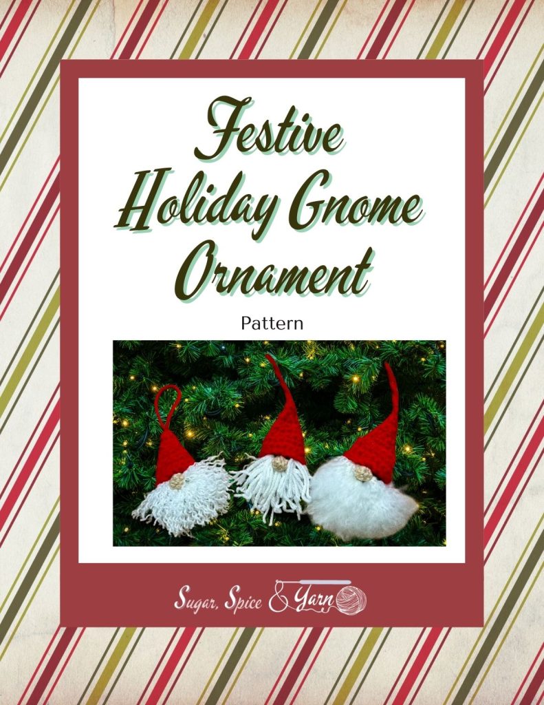 pattern cover with Festive Holiday Gnome Ornament pattern text, red white and green diagonal stripes and three holiday gnome ornaments on an evergreen branch background inside a red and white square.